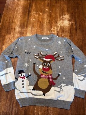 Christmas Grey Reindeer Rudolph Snowman Holiday Sweater XL